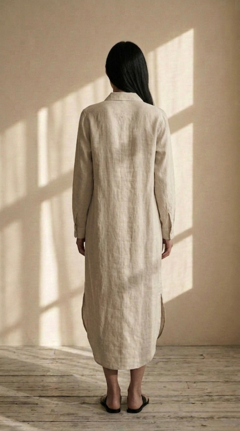 Beige linen dress_midi_long sleeve shirt dress