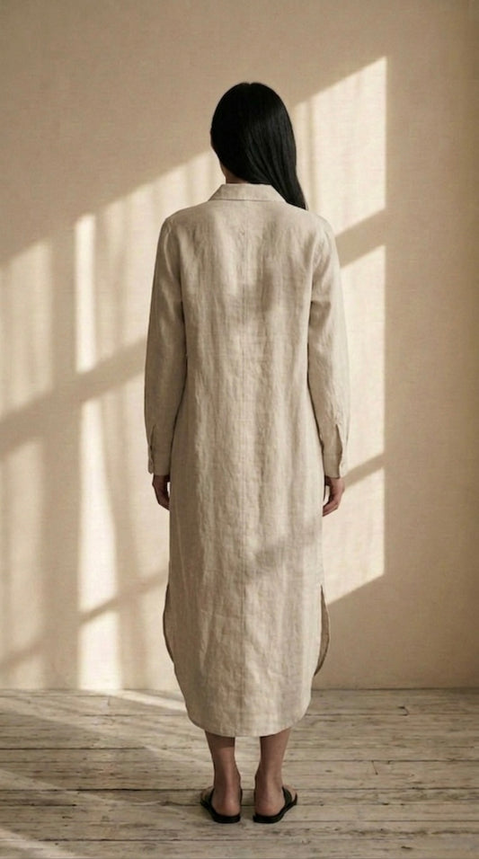 Beige linen dress_midi_long sleeve shirt dress