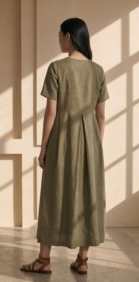 Olive linen dress, casual dress, midi length