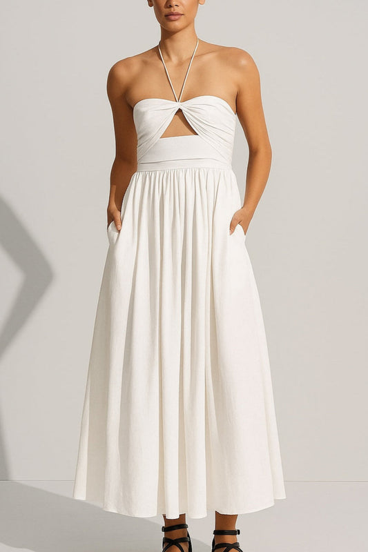 White linen dress halter neck women maxi length with pockets
