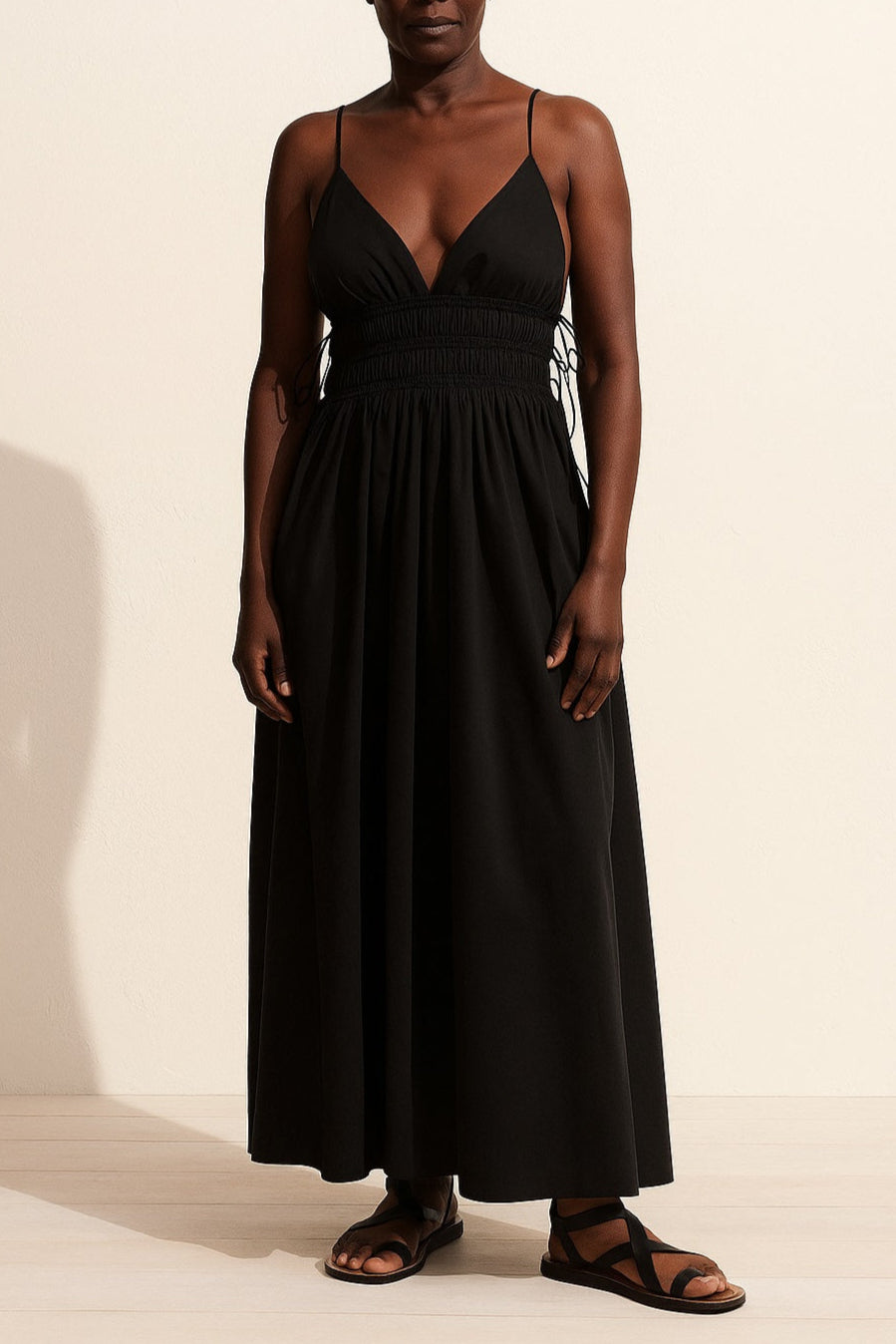 Black Linen Cotton Blend Maxi Dress|V-Neck Spaghetti Strap|OKEME Australia Black / XL