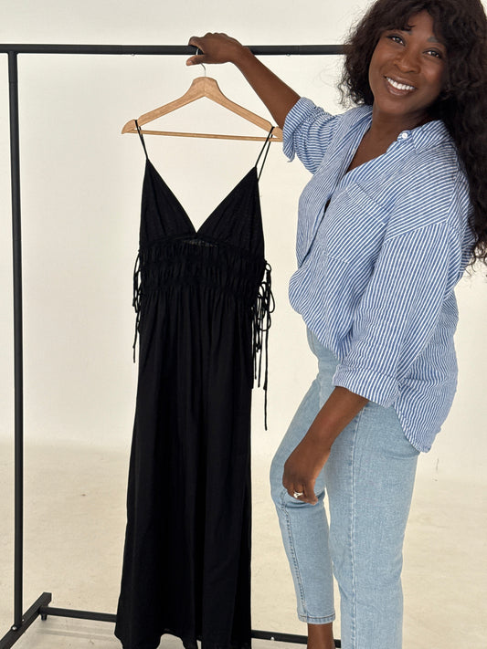 Black linen dress v neck maxi linen dress thin straps