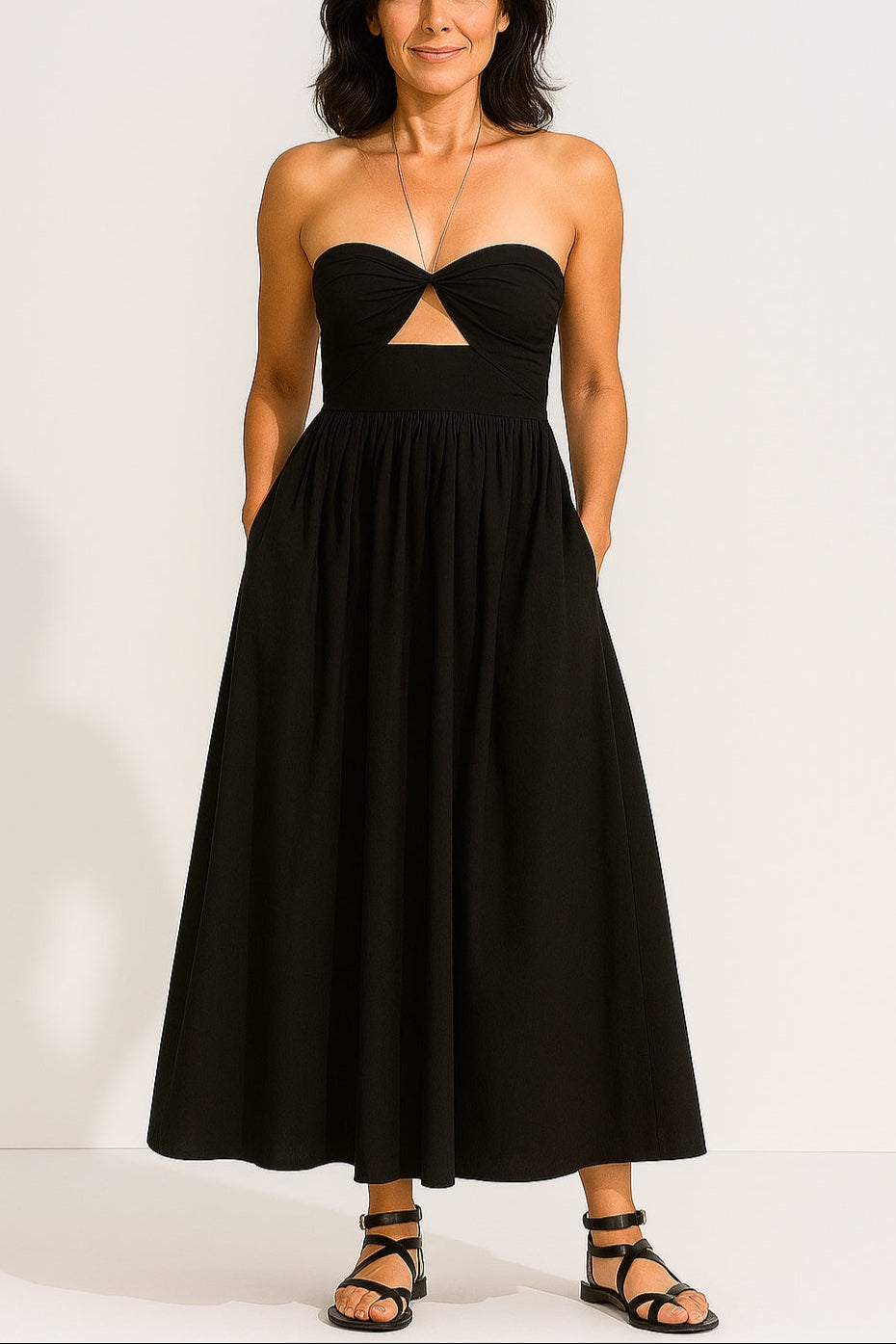 Breathable black linen and cotton maxi dress front image