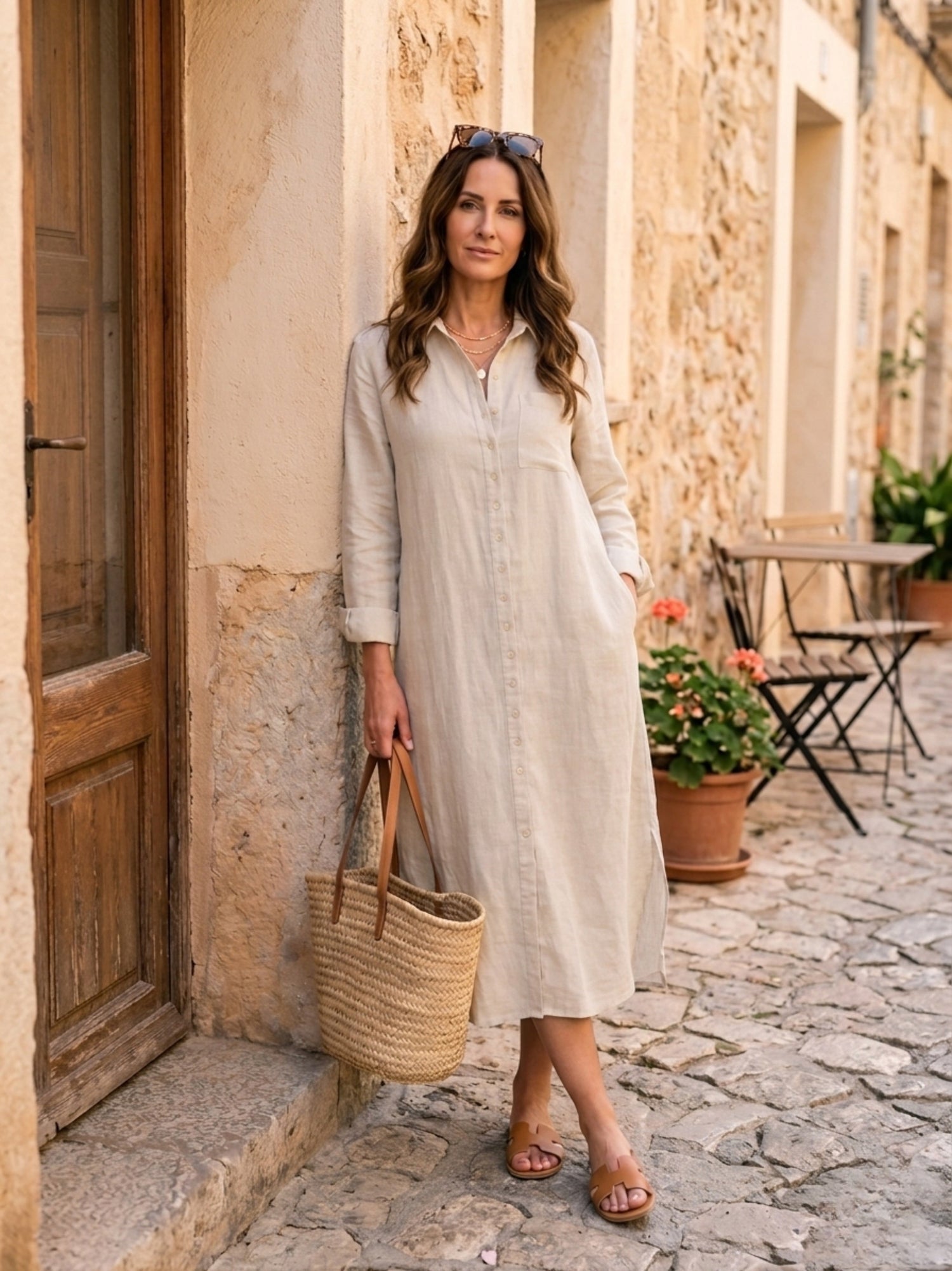 Beige linen shirt dress_long sleeve_midi length