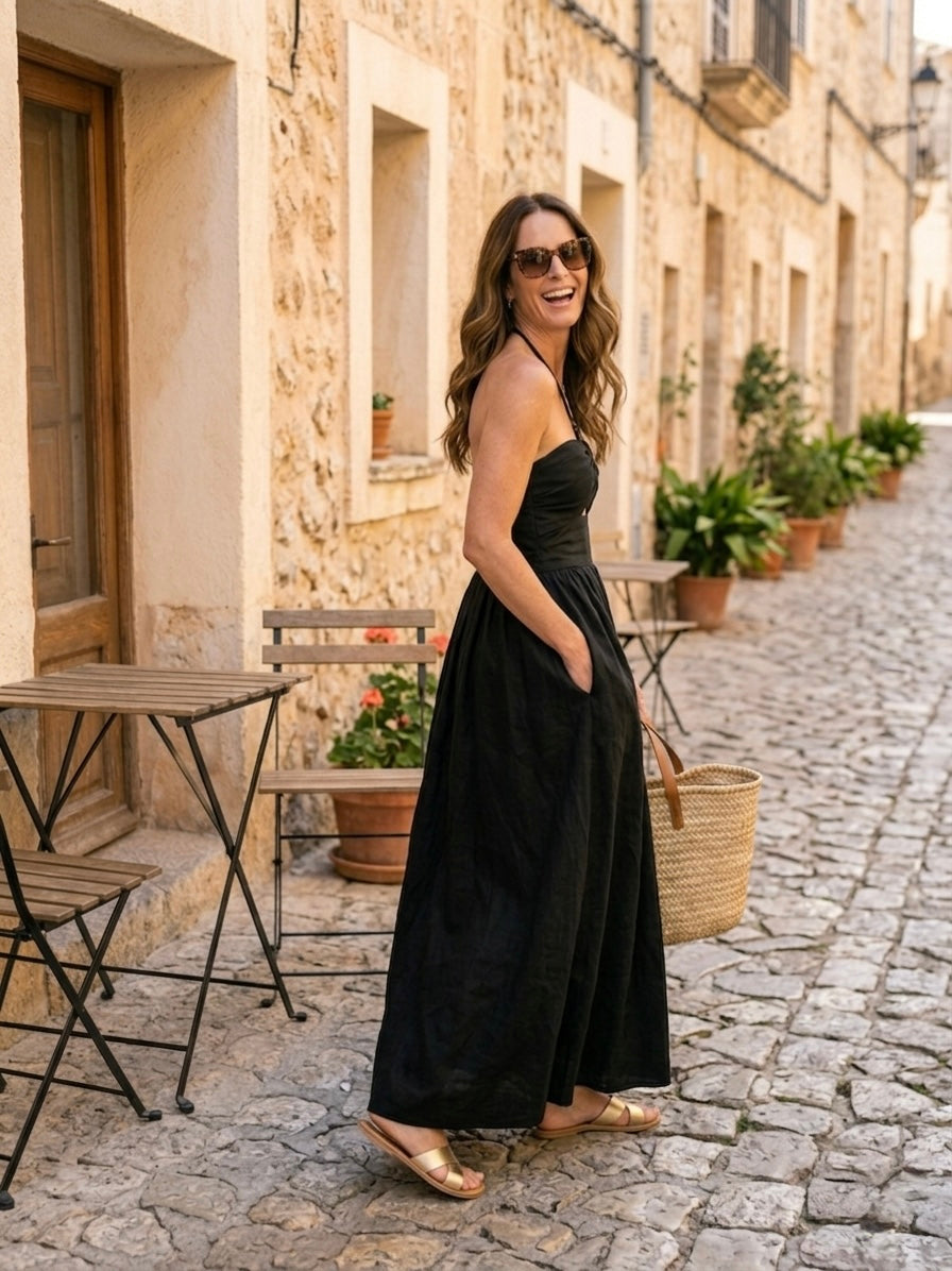 black halter neck dress maxi length linen summer dress 