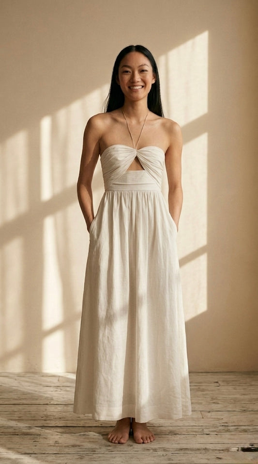 White Linen Cotton Halter Neck Maxi Dress