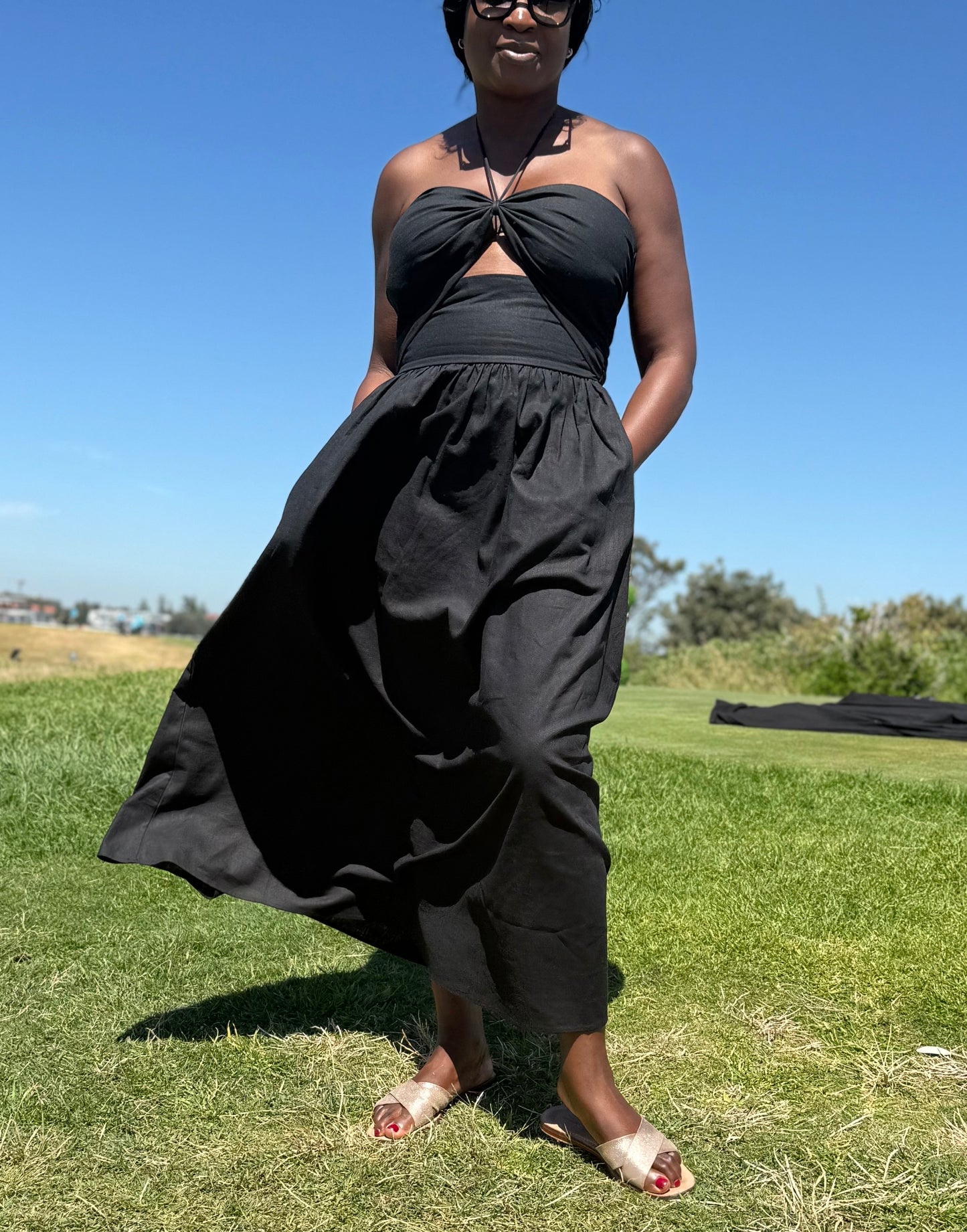 Black linen dress halter neck women maxi length with pockets