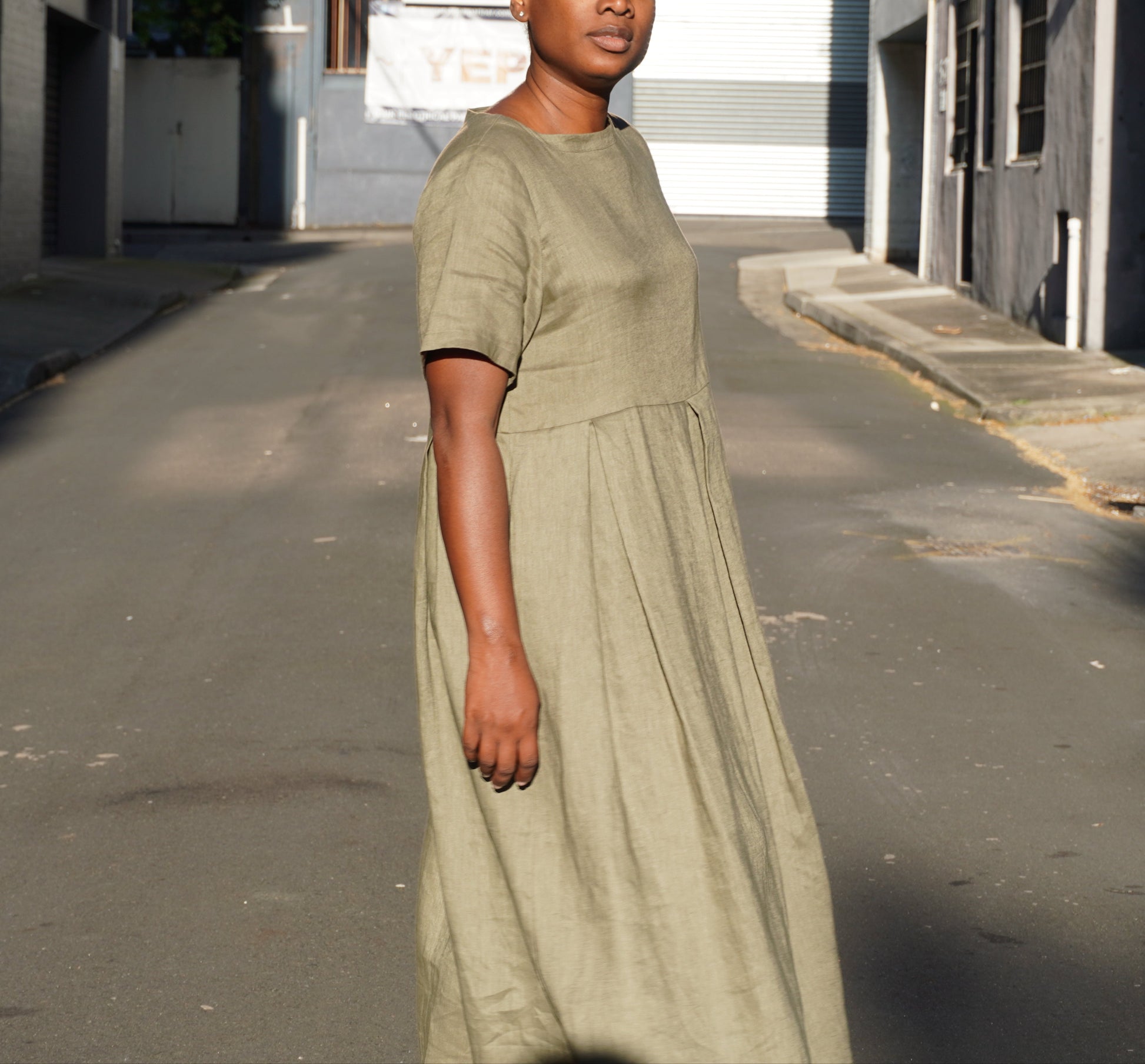 Olive Green Linen Midi Dress| Relaxed Fit Short Sleeve|OKEME Australia XL Olive Green Linen Midi Dress| Relaxed Fit Short Sleeve|OKEME Australia XL