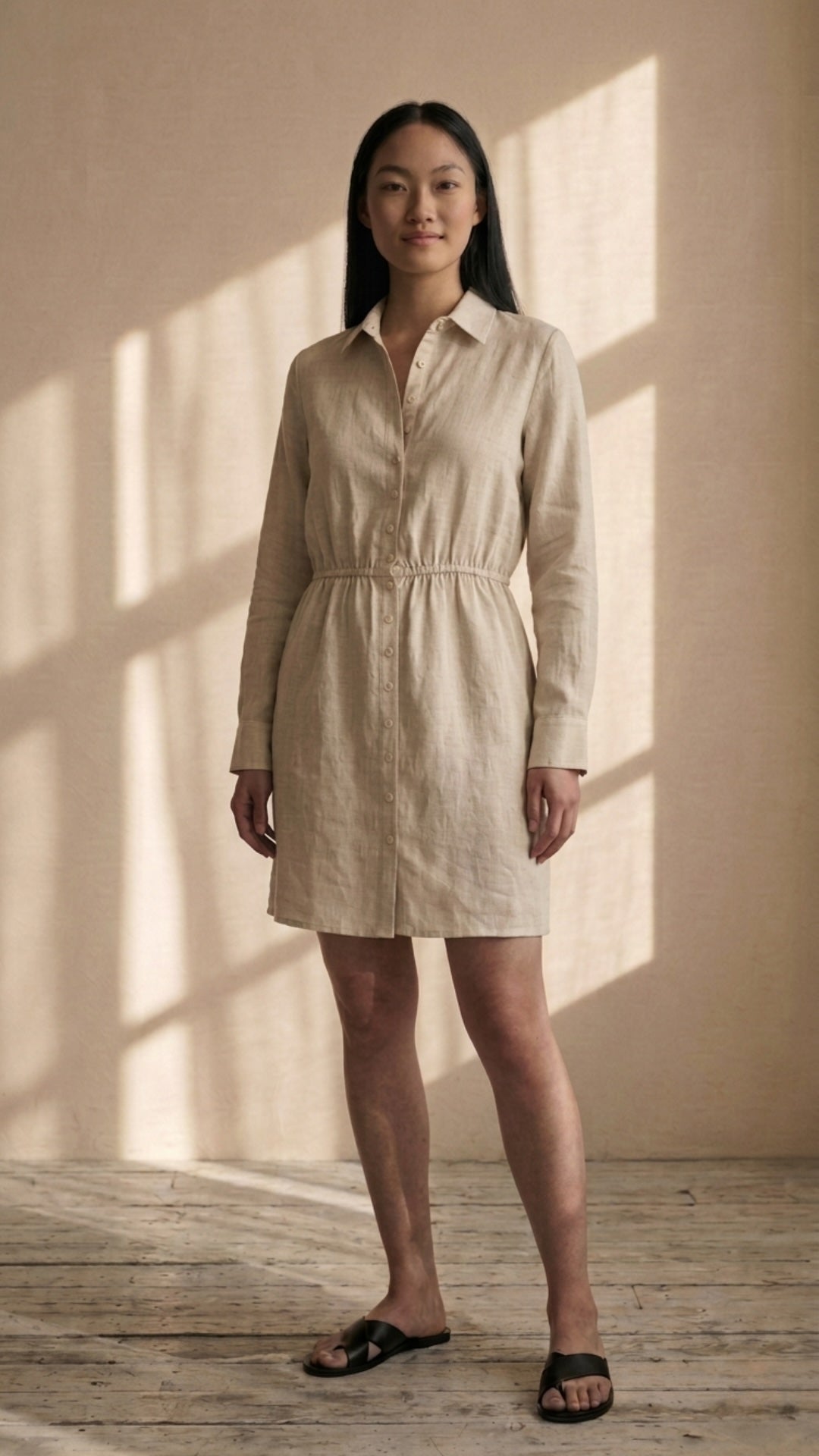 Long-Sleeve Linen Shirt Dress Mini Length