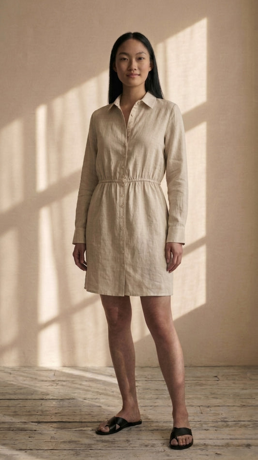 Long-Sleeve Linen Shirt Dress Mini Length