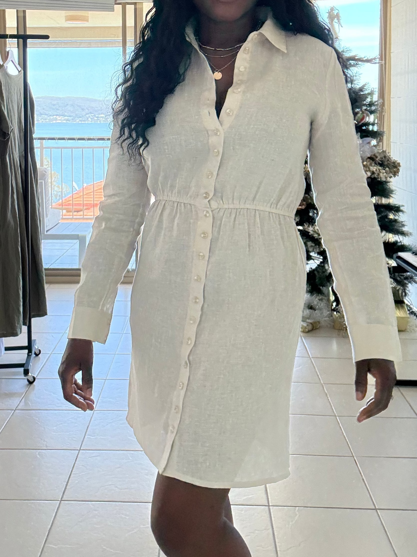 Beige linen shirt dress