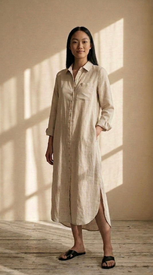 Beige long sleeve shirt dress_linen dress