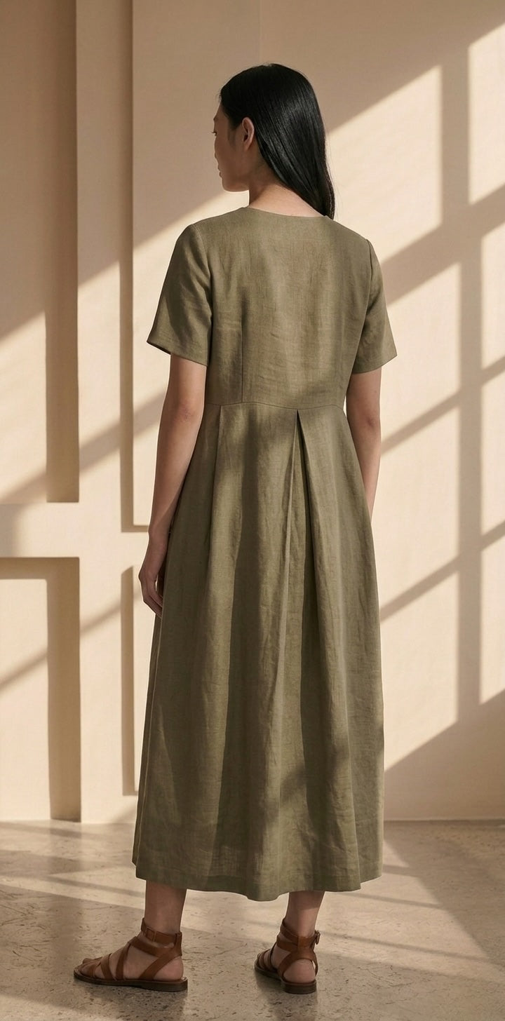 Olive linen dress, casual dress, midi length