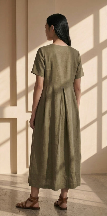 Olive linen dress, casual dress, midi length