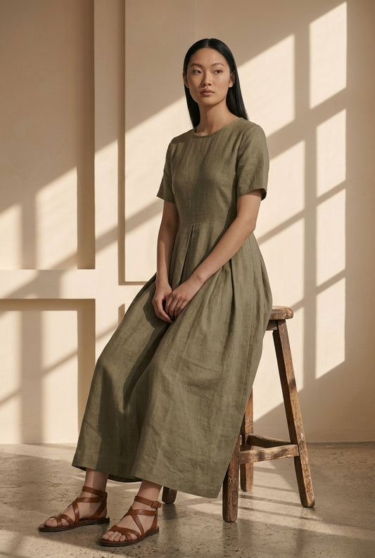 Olive green midi length dress linen casual dress