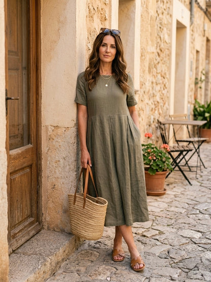Olive Green Linen Dress Short Sleeve Midi