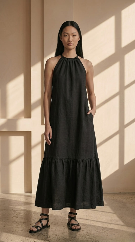 Black linen cotton blend maxi length dress summer dress