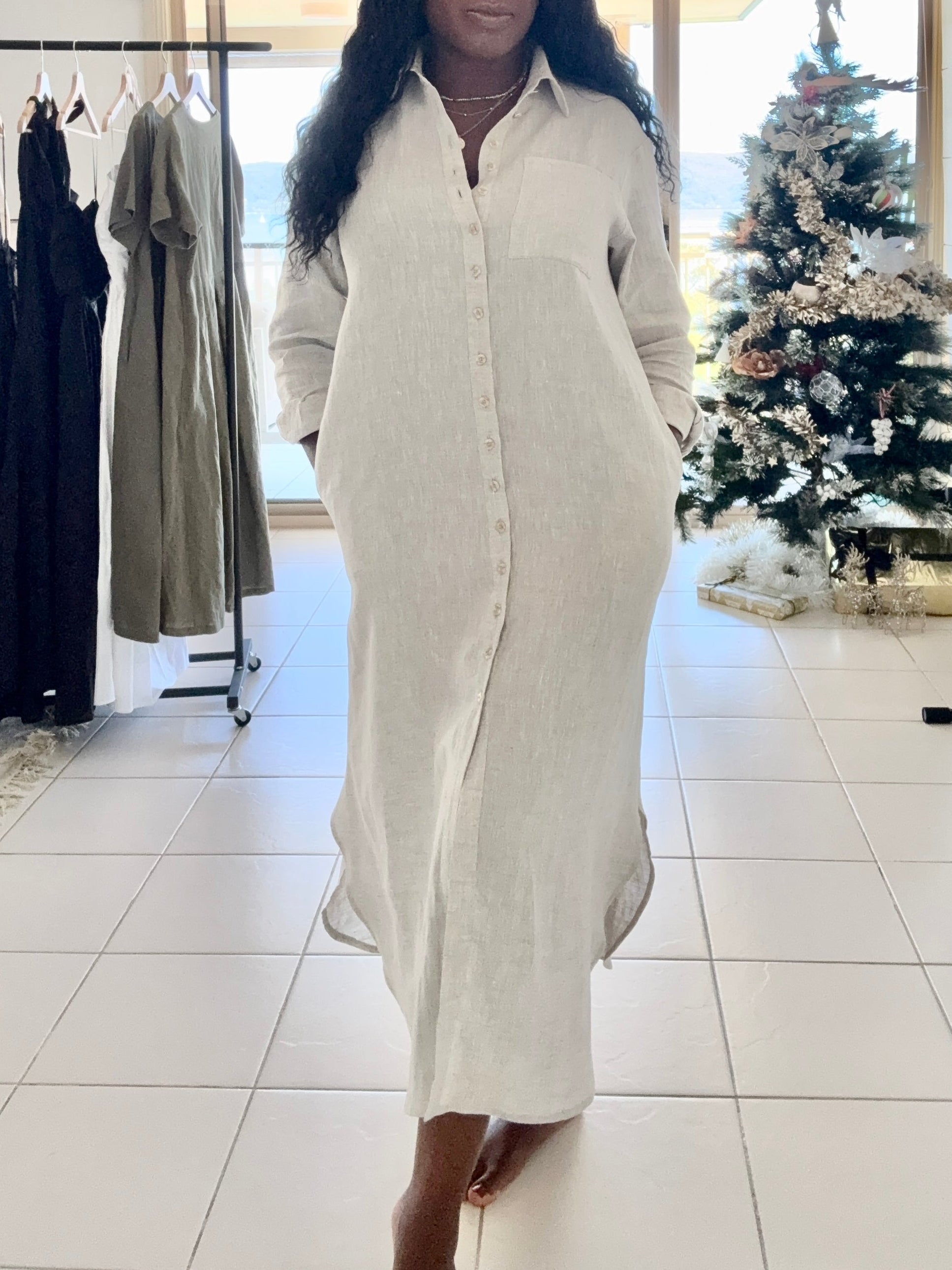 Beige breathable linen shirt dress relaxed fit midi length