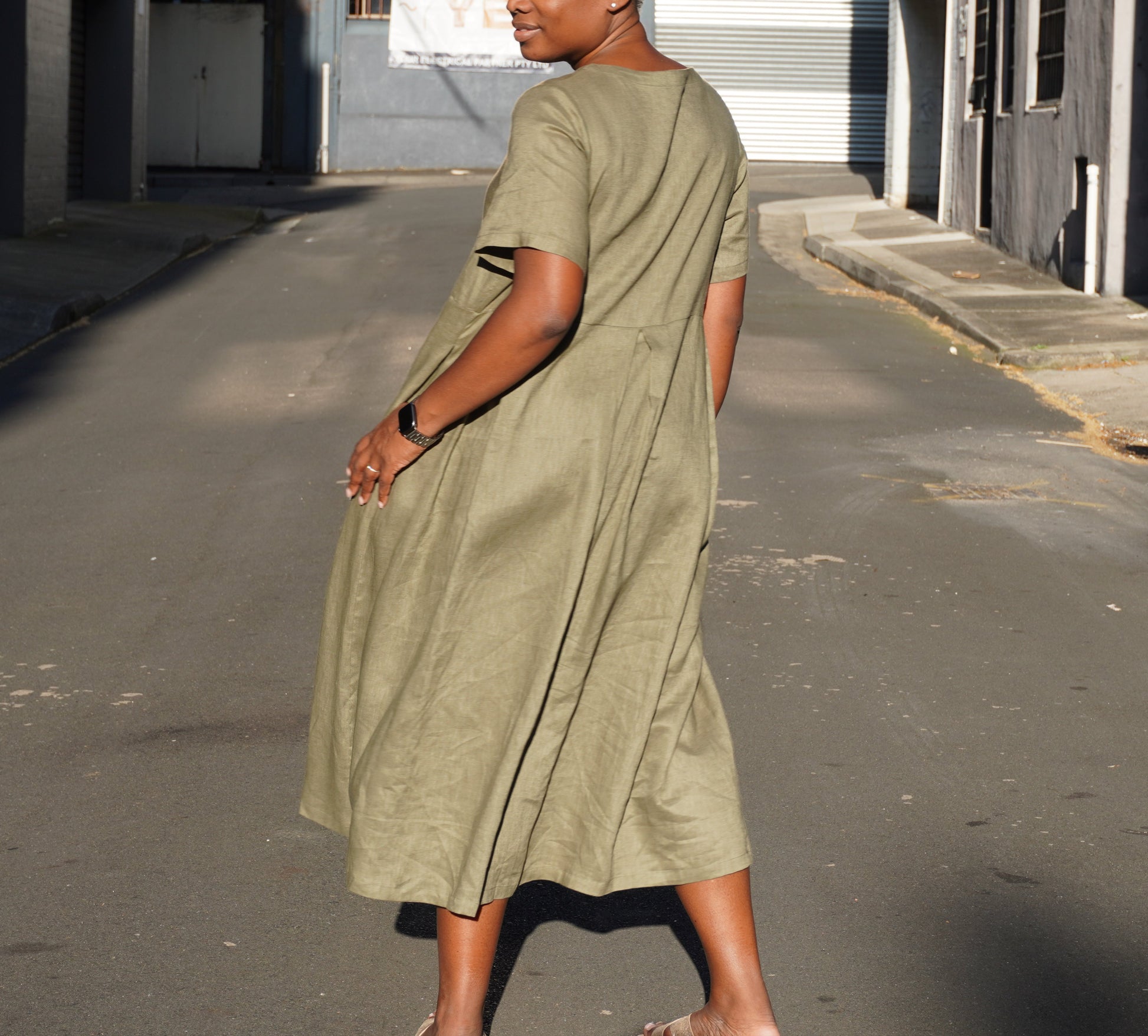olive green linen dress relaxed fit midi length short sleeve