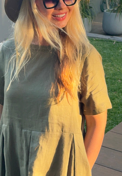 olive green linen dress relaxed fit midi length short sleeve